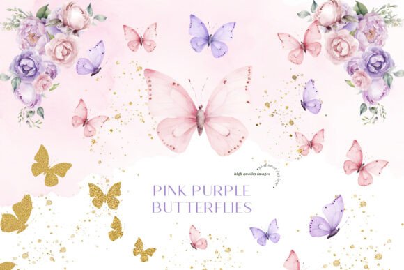 Download Purple Pink Butterflies Roses Clipart - Butterflies Collection